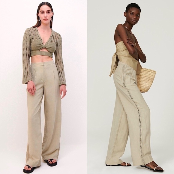 JONATHAN SIMKHAI Khaki Sage Linen High Rise Wide Leg Crochet Trim Trousers 10 - Picture 1 of 11